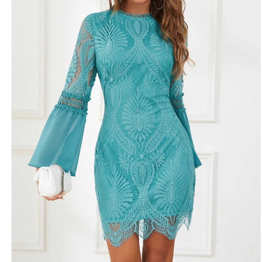 Luxe Lace Flounce Sleeve Party Evening Dress - Picture 1 of 15
